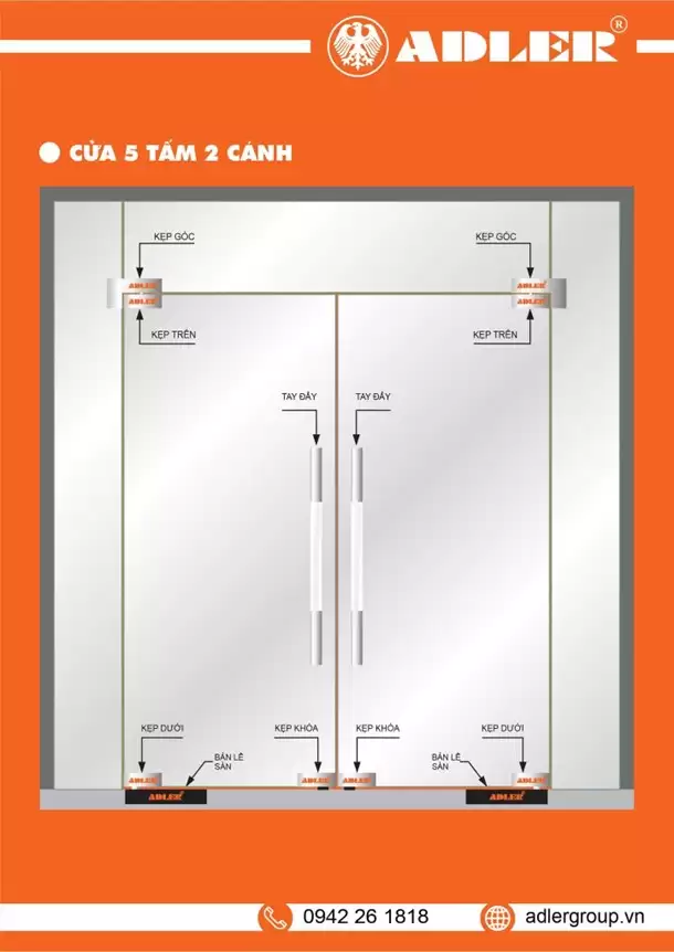 CỬA THỦY LỰC 5 TẤM 2 CÁNH – KHÔNG GIAN RỘNG MỞ NHỜ PHỤ KIỆN KÍNH ADLER