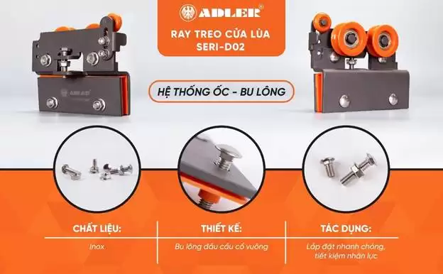 CẤU TẠO CHI TIẾT CÁC BỘ PHẬN CỦA CỤM KẸP BÁNH XE TRONG SẢN PHẨM RAY TREO CỬA LÙA SERI-D02
