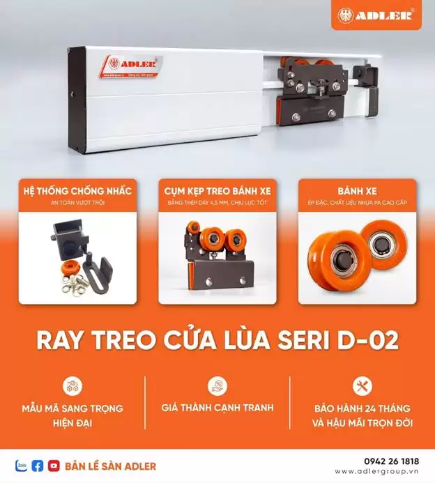 CẤU TẠO CHI TIẾT CỤM KẸP BÁNH XE TRONG RAY TREO CỬA LÙA SERI D02